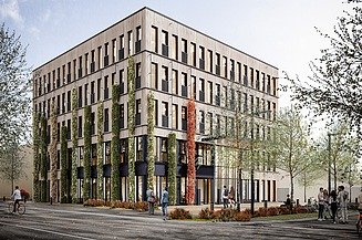 Visualisierung des neuen Bürogebäudes T3 in Aichach Fotovisualisierung von unserem neuen Bürogebäude aus Holz mit dem Namen T3