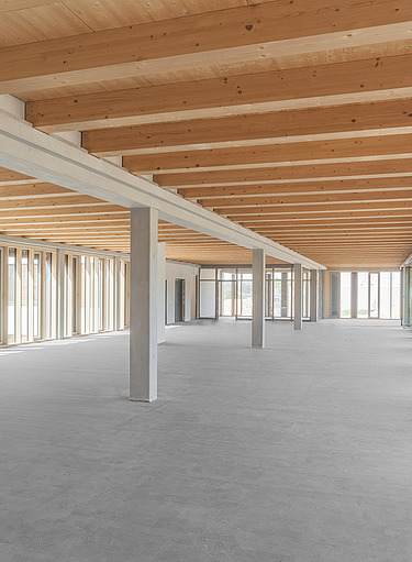 Bürogebäude Flexim, Berlin Foto des Rohbaus Büro Flexim Berlin. Innenraum mit HBV-Decke und Pfosten-Riegel-Fassade.